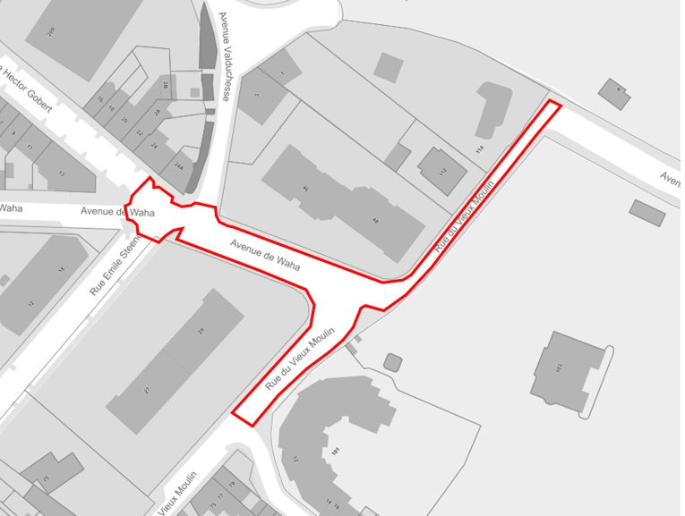carte : avenue de Waha et rue du vieux moulin